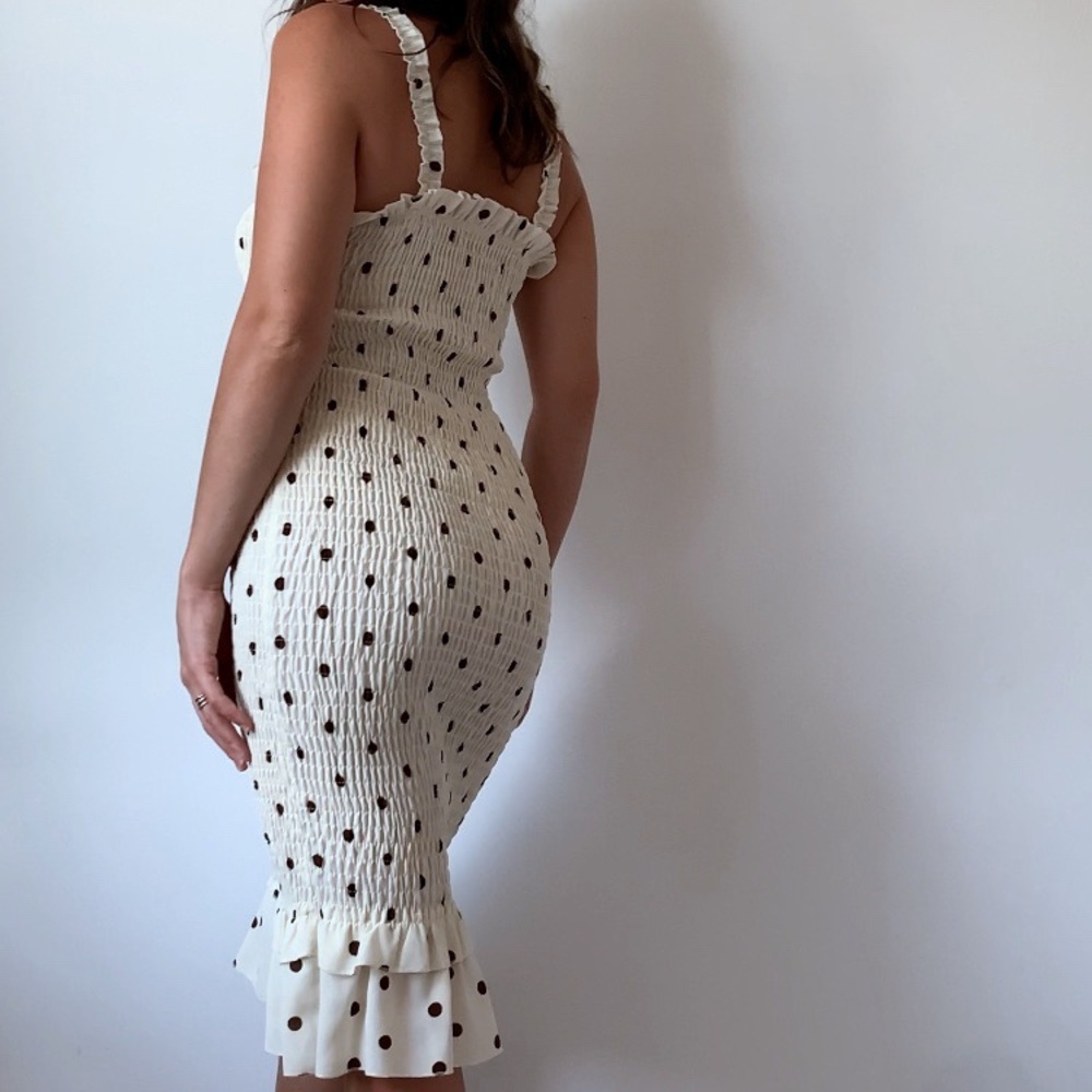 Polka Dot Smocked Midi Dress with Ruffle Detail